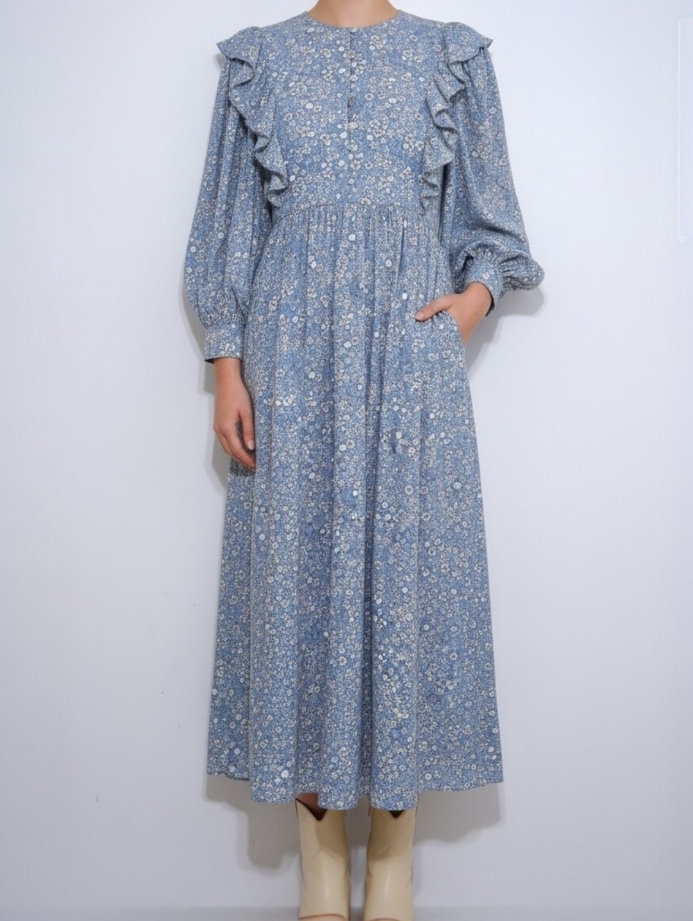 Baum und Pferdgarten Alona Blue Ditsy Floral Ruffle Midi Dress Size 8